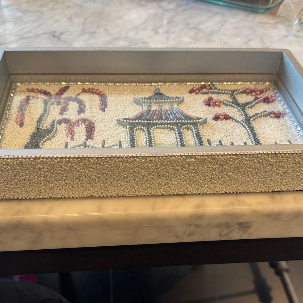 Beaded Asian Landscape Art tray with pagoda scene - Picture 9 of 9